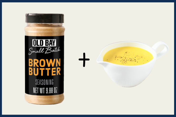 Old Bay Brown Butter seasoning jar and a bowl of brown butter sauce on a light background