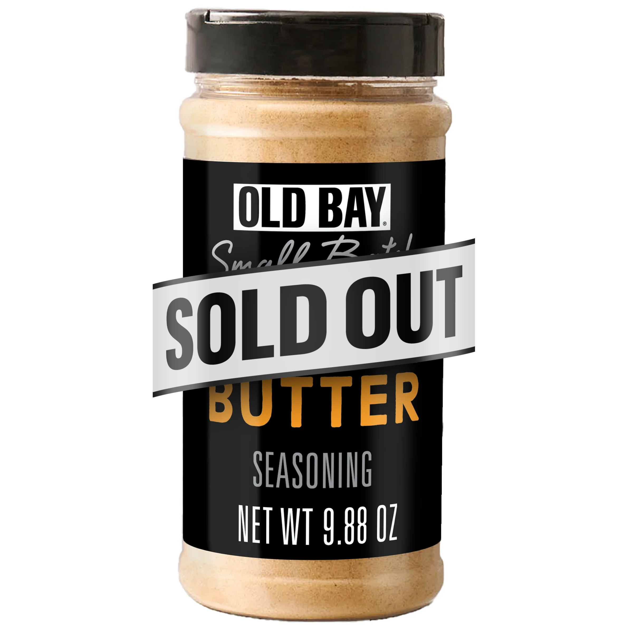 Jar of Old Bay butter seasoning with 'SOLD OUT' label on a white background