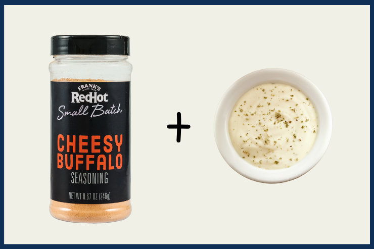 Frank's RedHot Cheesy Buffalo seasoning jar and a bowl of the seasoning on a white background