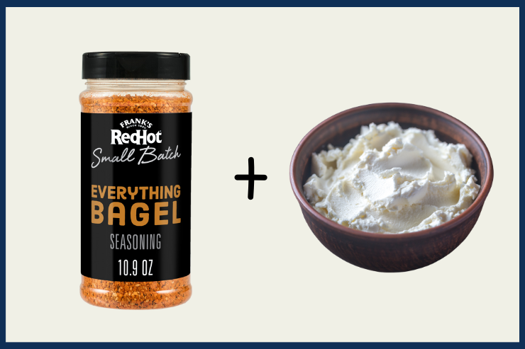 Frank's RedHot Everything Bagel seasoning jar and a bowl of cream cheese on a beige background