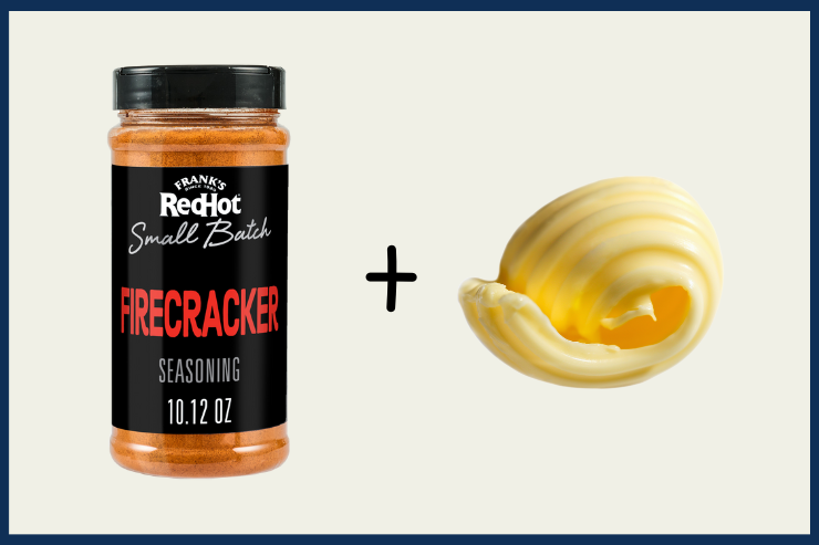 Jar of Hank's Red Hot Firecracker seasoning with a swirl of yellow sauce on a white background