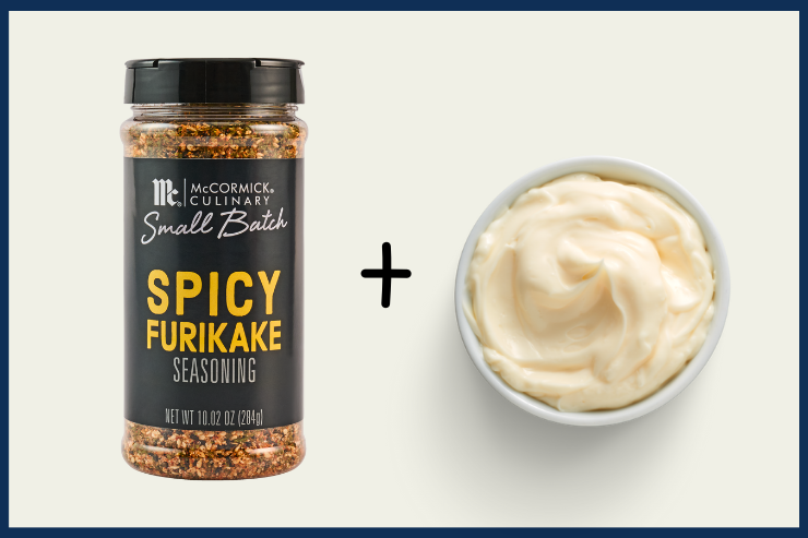 Spicy Furikake seasoning container and a bowl of mayonnaise on a white background