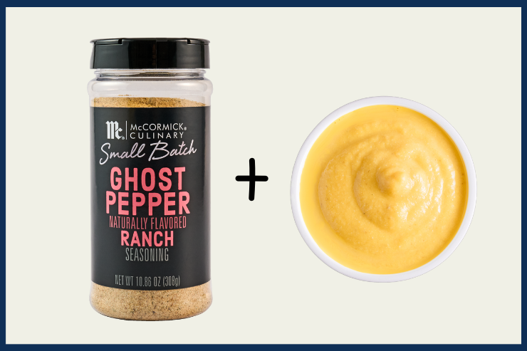 Ghost Pepper Ranch seasoning bottle and a bowl of yellow sauce on a white background