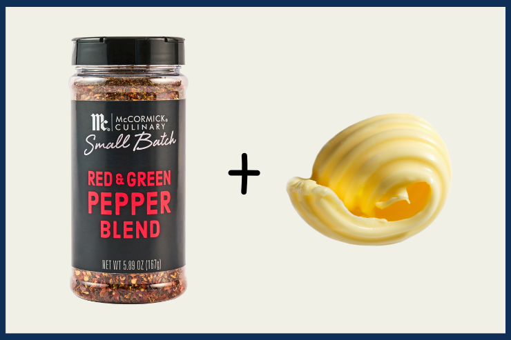 Jar of McCormick Culinary Red & Green Pepper Blend with a swirl of yellow sauce on a light gray background