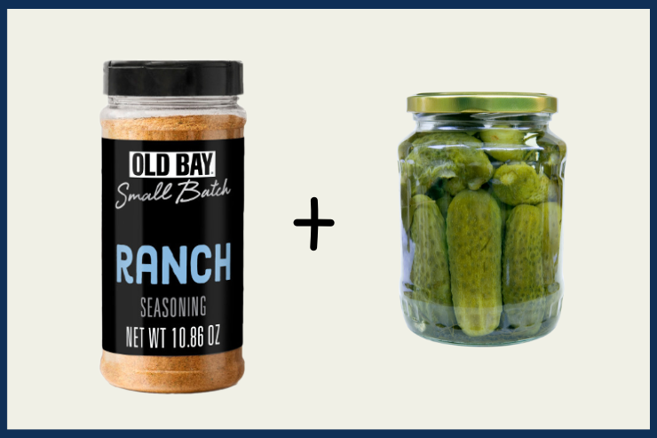 Old Bay Small Batch Ranch seasoning jar and a jar of pickles on a white background