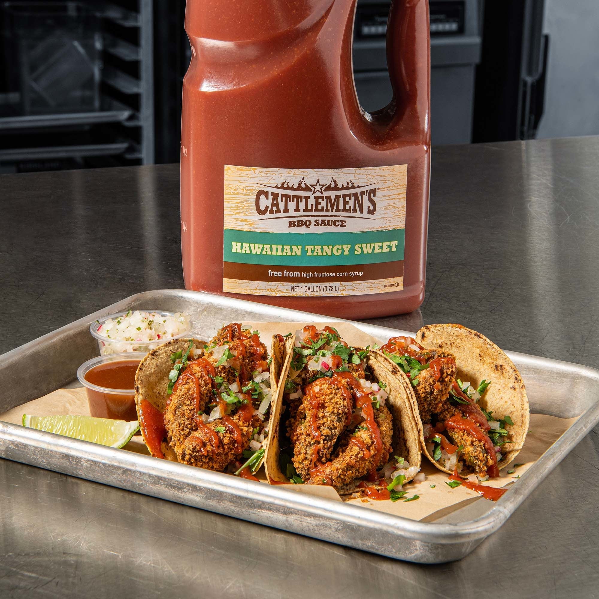 Cattlemen's Hawaiian Tangy Sweet BBQ Sauce with fried chicken tacos