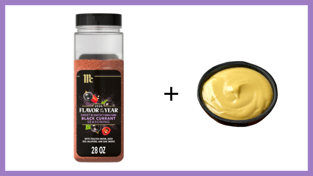 Bottle of McCormick seasoning with a bowl of yellow mustard on a white background