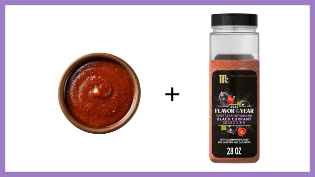 Bowl of red sauce next to a bottle labeled 'Flavor of the Year' on a white background