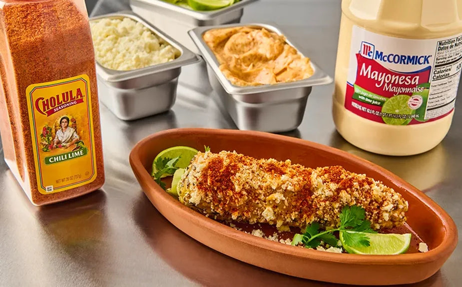 cholula chili lime seasoning and mccormick mayonesa with elotes