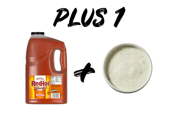 Bottle of RedHot Buffalo Wings sauce and a bowl of ranch for a speed scratch sauce of buffalo ranch